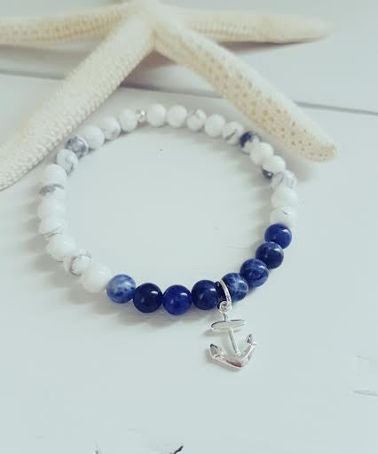 Nautical Sodalite White Howlite Anchor Charm Bracelet Featured