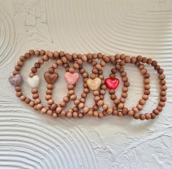 Rosewood Beads w/ Glazed Ceramic Heart Bead Bracelet *Choose Your Heart Colour(s)*