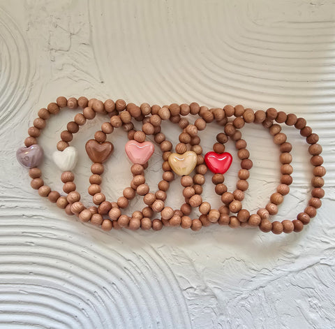 Rosewood Beads w/ Glazed Ceramic Heart Bead Bracelet *Choose Your Heart Colour(s)*