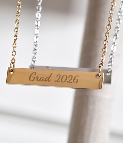 Engraved Grad 2026 Horizontal Bar Necklace // Graduation Gift // Academic Achievement *Choose your metal*