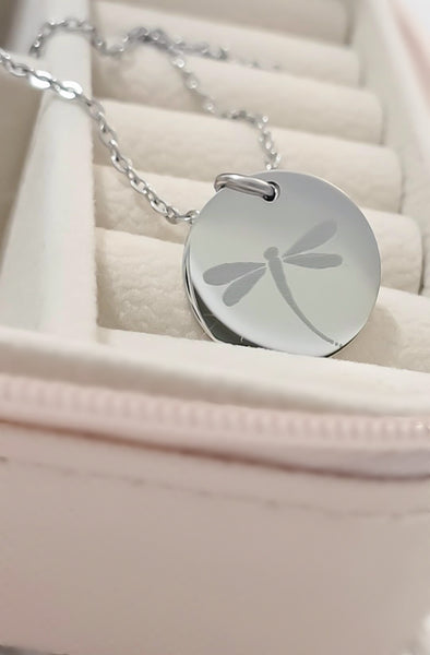 Engraved Dragonfly Disc Necklace *CHOOSE YOUR METAL*