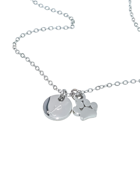 Dainty Paw Print Charm & Initial Disc Necklace *Choose Your Metal*