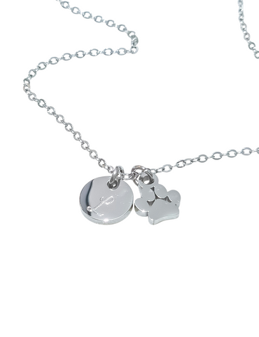 Dainty Paw Print Charm & Initial Disc Necklace *Choose Your Metal*
