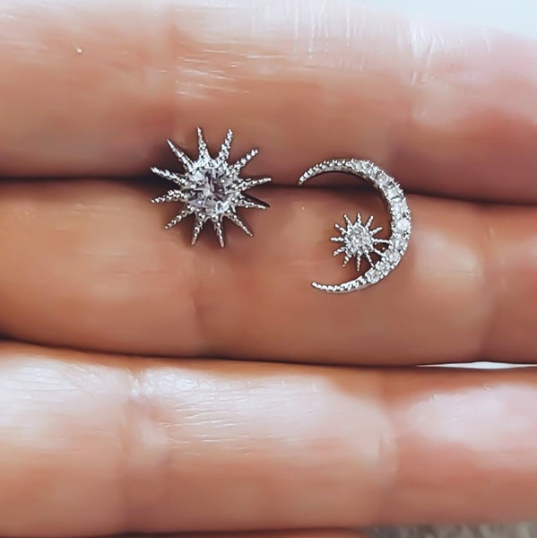 *RESTOCKING SOON* CZ Mismatch Moon & Star Studs - Completely Obsessed! *choose your metal*