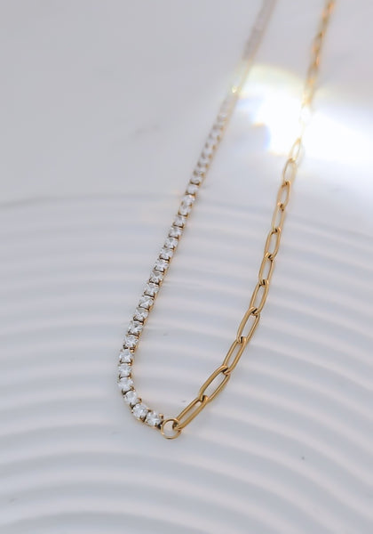 New Half CZ Tennis Half Dainty Paperclip Chain Necklace - *Choose Your Metal*