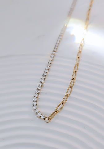 New Half CZ Tennis Half Dainty Paperclip Chain Necklace - *Choose Your Metal*