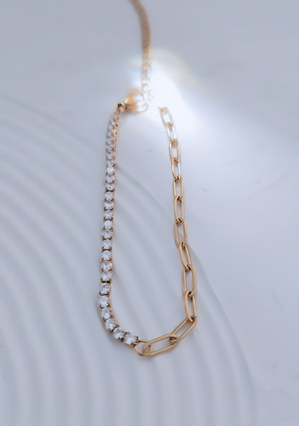 New Half CZ Tennis Half Dainty Paperclip Chain Bracelet *Gold Only*