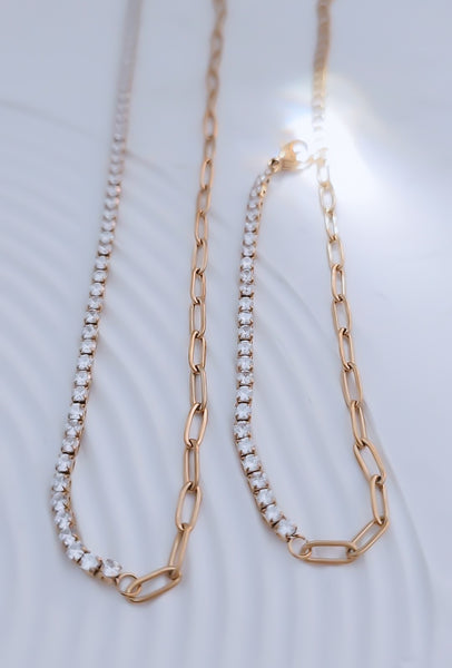 New Half CZ Tennis Half Dainty Paperclip Chain Bracelet *Gold Only*