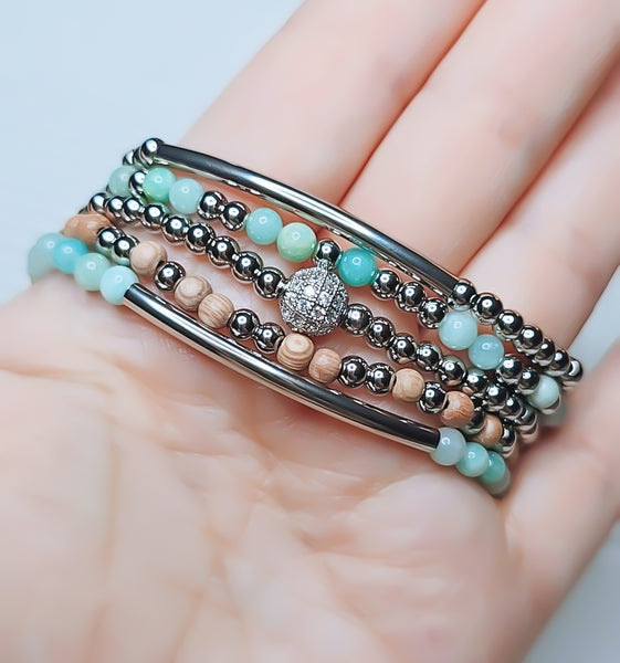 Green Aqua Amazonite Bead Mix Bracelet * Choose Your Metal*