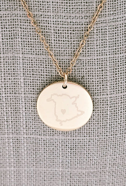 Engraved Personalized Oh Canada Hometown Map w/ Heart Necklace // Province // Territory // City // Canadian Love *Choose your metal*