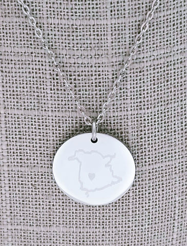 Engraved Personalized Oh Canada Hometown Map w/ Heart Necklace // Province // Territory // City // Canadian Love *Choose your metal*