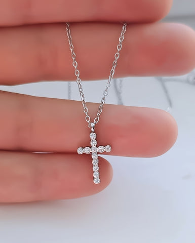 New CZ Pave Dainty Cross Necklace  *Choose your Metal*