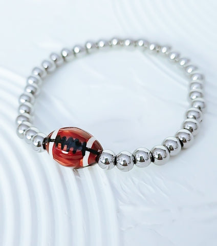 New Sports Bracelet: Glazed Ceramic Football Focal *Choose Your Metal*
