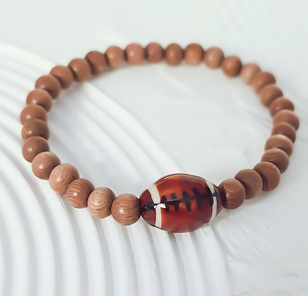 New Sports Bracelet: Rosewood Beads w/ Glazed Ceramic Football Bead Bracelet