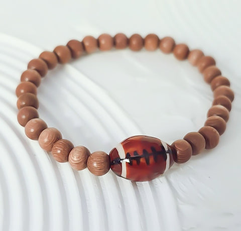 New Sports Bracelet: Rosewood Beads w/ Glazed Ceramic Football Bead Bracelet