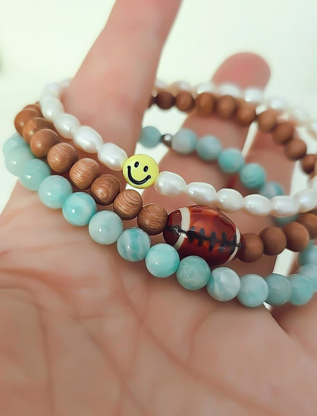 New Sports Bracelet: Rosewood Beads w/ Glazed Ceramic Football Bead Bracelet