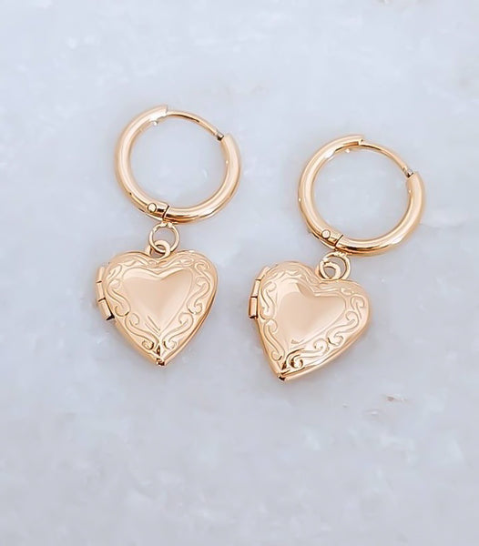 Engraveable Filigree Heart Locket Huggie Hoop Earrings *Choose Your Metal*