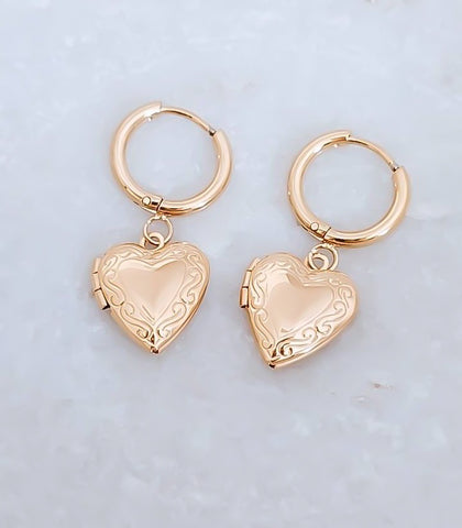 Engraveable Filigree Heart Locket Huggie Hoop Earrings *Choose Your Metal*