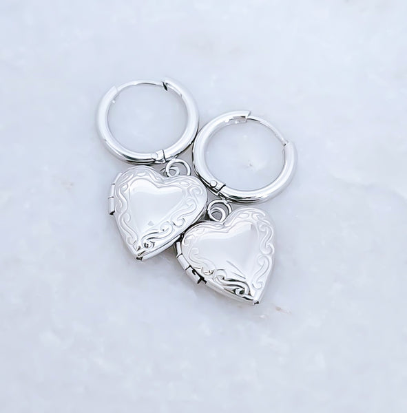 Engraveable Filigree Heart Locket Huggie Hoop Earrings *Choose Your Metal*