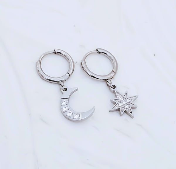 Celestial CZ Mismatch Moon & Star Huggie Hoop Earrings * Must Have* Choose Your Metal