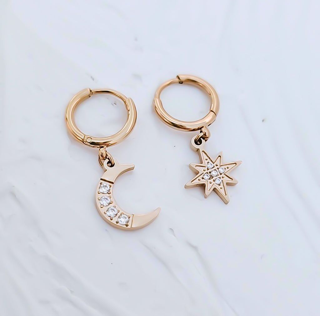 Celestial CZ Mismatch Moon Star Huggie Hoop Earrings Must Have* Choose Your Metal