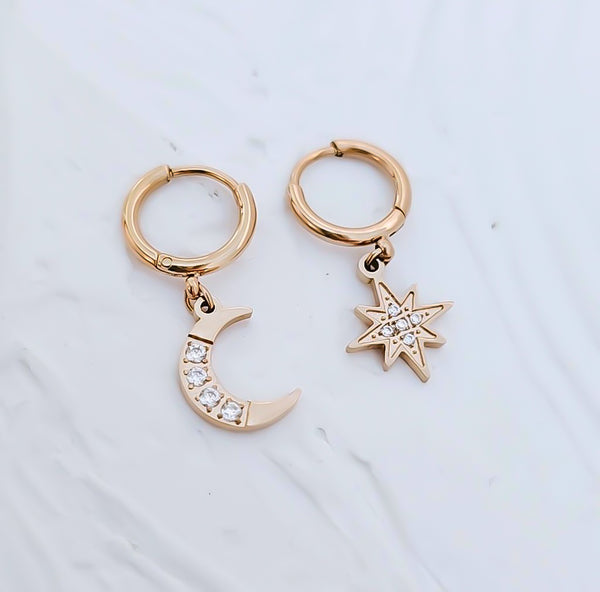 Celestial CZ Mismatch Moon & Star Huggie Hoop Earrings * Must Have* Choose Your Metal