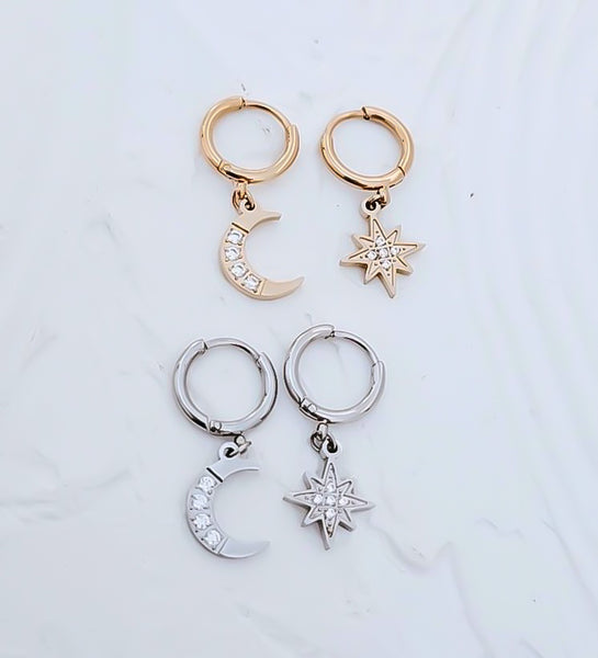 Celestial CZ Mismatch Moon & Star Huggie Hoop Earrings * Must Have* Choose Your Metal