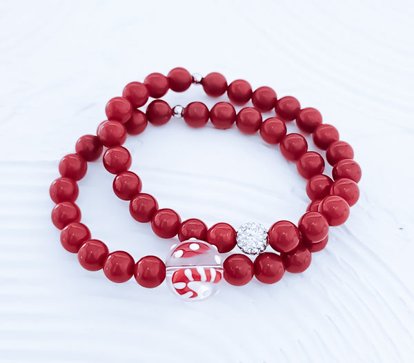 *Holiday Exclusive* Luxe Red South Sea Pearl Candy Cane Murano Glass Focal Bracelet
