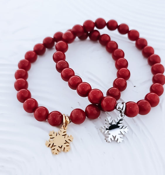*Holiday Exclusive* Luxe Red South Sea Pearl Snowflake Charm Bracelet *Choose Yoir Metal*
