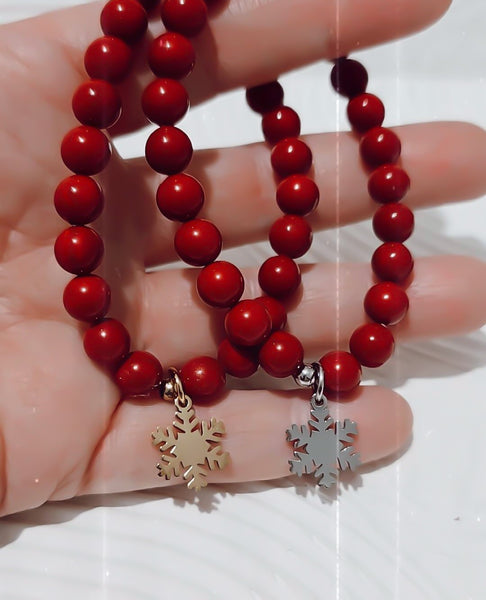 *Holiday Exclusive* Luxe Red South Sea Pearl Snowflake Charm Bracelet *Choose Yoir Metal*