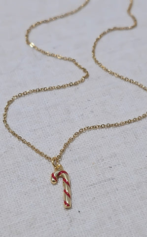 Super Cute & Dainty Red Enamel Candy Cane Necklace *GOLD ONLY*