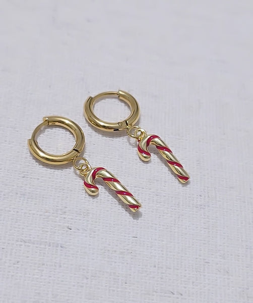 Huggie Hoop w/ Red Enamel Candy Canes Earrings  *GOLD ONLY*
