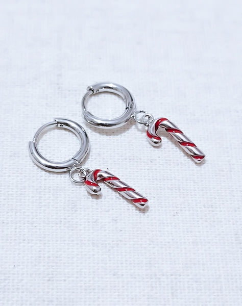 Huggie Hoop w/ Red Enamel Candy Canes Earrings  *GOLD ONLY*