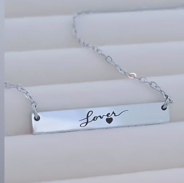 Engraved Lover Horizontal Bar Necklace *Choose your metal*