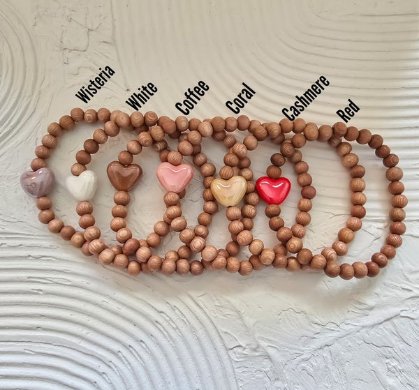 Rosewood Beads w/ Glazed Ceramic Heart Bead Bracelet *Choose Your Heart Colour(s)*