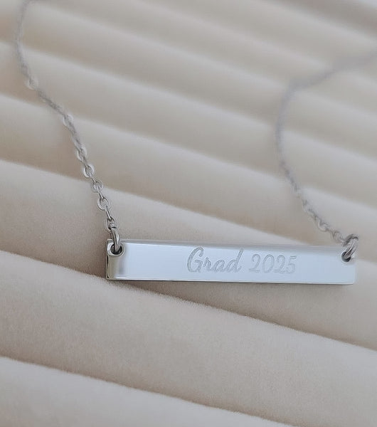 Engraved Grad 2025 Horizontal Bar Necklace // Graduation Gift // Academic Achievement *Choose your metal*