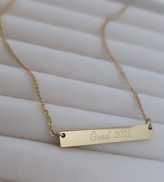 Engraved Grad 2025 Horizontal Bar Necklace // Graduation Gift // Academic Achievement *Choose your metal*