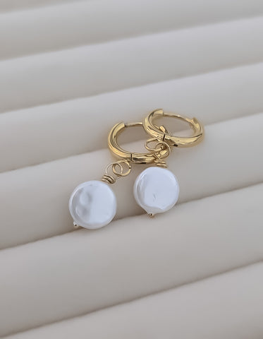OBSESSED New Dainty Huggie Hoop w/ Luxe South Sea Coin Pearl Dangle Earrings  * Choose your Metal*