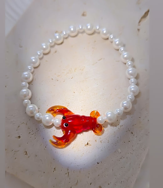 Maritime Luxe South Sea Shell Pearl w/ Murano Lampwork Lobster Focal Bracelet