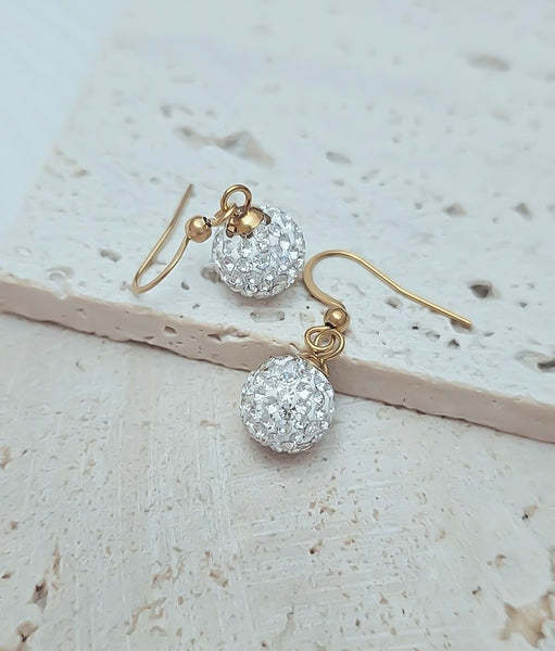White Pave Dangle Earrings (Shorty Style) Gold