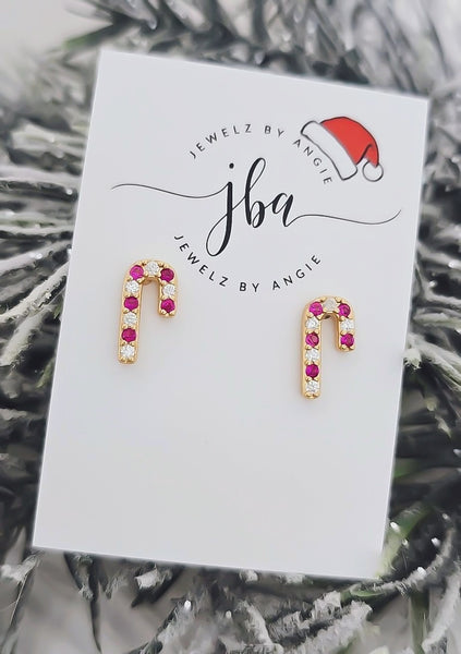 Holiday Collection: Gold CZ Candy Cane Stud Earrings ...