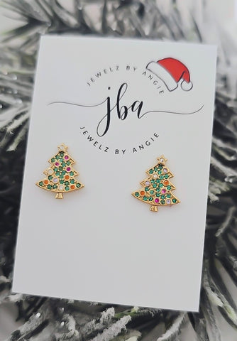 Holiday Collection: Gold CZ Christmas Tree Stud Earrings ...