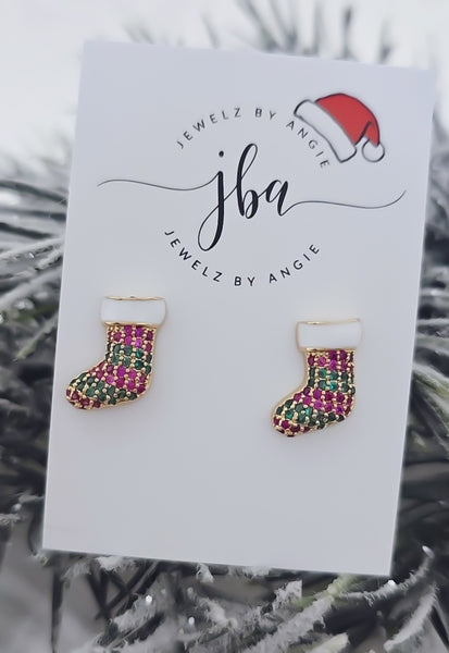 Holiday Collection: Gold CZ Christmas Stocking Stud Earrings ...