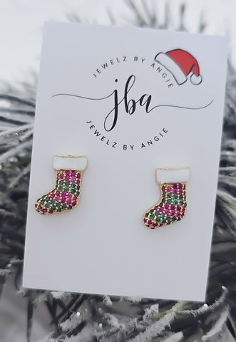 Holiday Collection: Gold CZ Christmas Stocking Stud Earrings ...