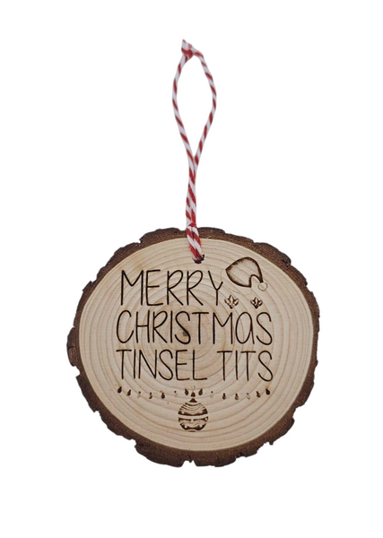 Merry Christmas Tinsel Tits Wood Slice Ornament