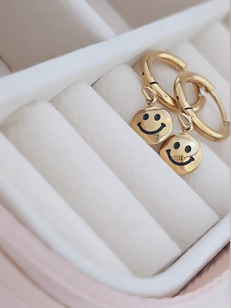 New Dainty Puff Smiley Face Charm Huggie Hoop Earrings *Gold Only*