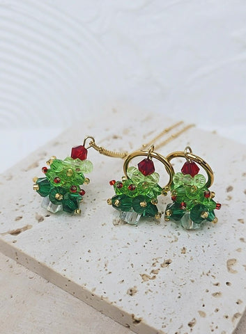 New Crystal Bead Christmas Tree Necklace & Earrings - Sold Separately