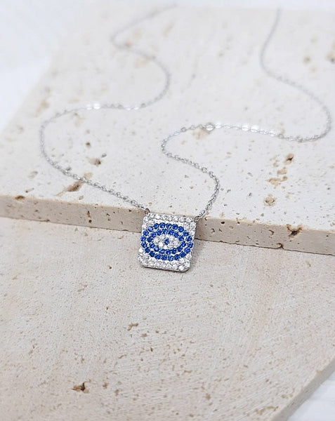 New Luxe CZ Pave Square Sapphire Eye Necklace  *Choose your Metal*