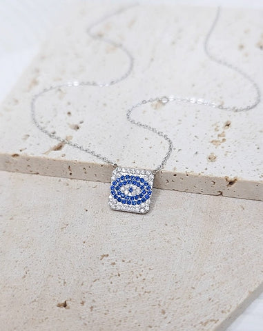 New Luxe CZ Pave Square Sapphire Eye Necklace  *Choose your Metal*