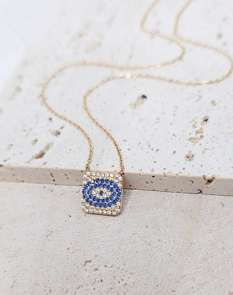 New Luxe CZ Pave Square Sapphire Eye Necklace  *Choose your Metal*